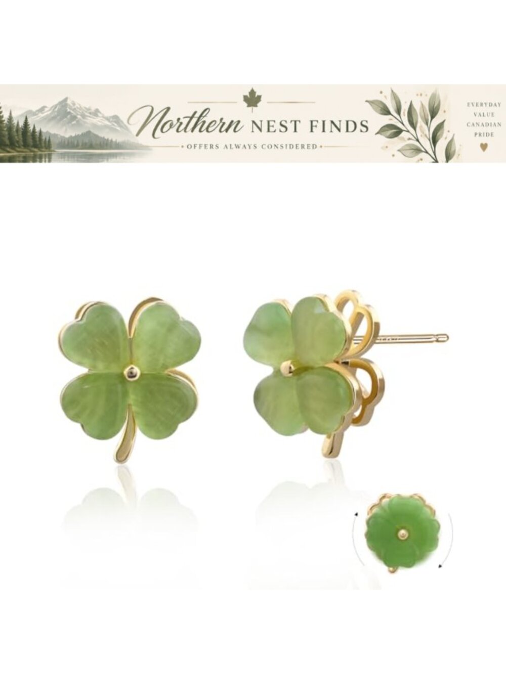 Four Leaf Clover Stud Earrings Created Jade 14K Gold Plated Hypoallergenic